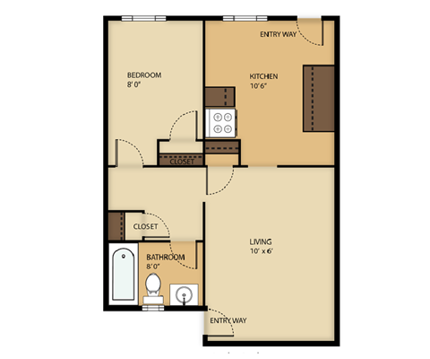 Floor plan for 1 bed, 1 bath, 553 sqft